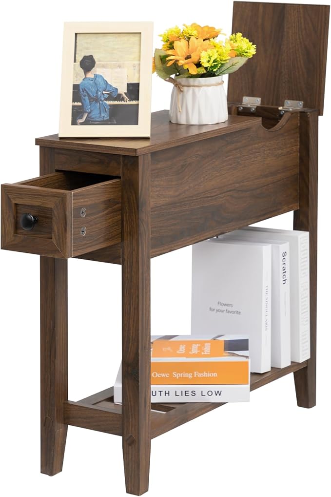 End Table with Movable Top and Charging Station, Narrow Side Table with Storage - Image 3