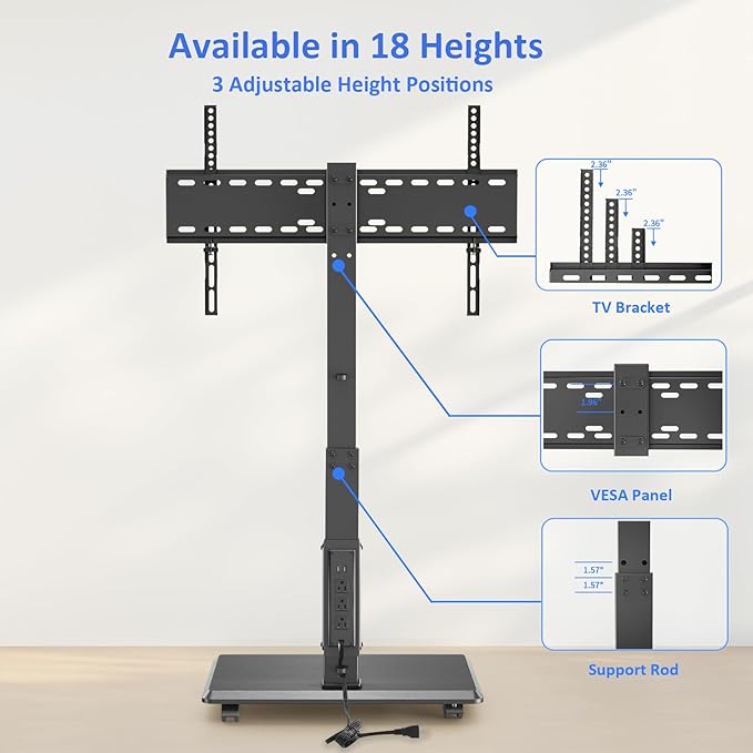 Rolling TV Stand with Power Outlet, Mobile TV Stand - Image 5