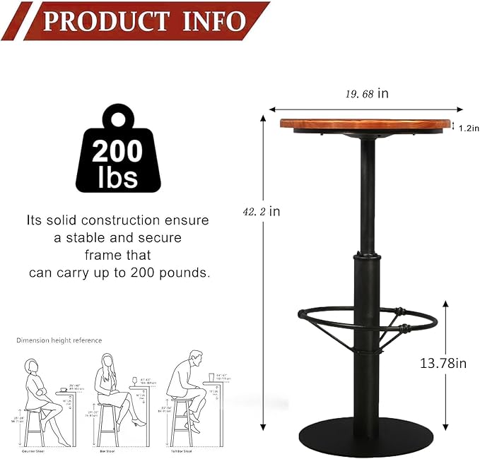 Vintage Industrial Bar Table 42" H, Round Wooden Top Metal Bar Standing Pub - Image 3