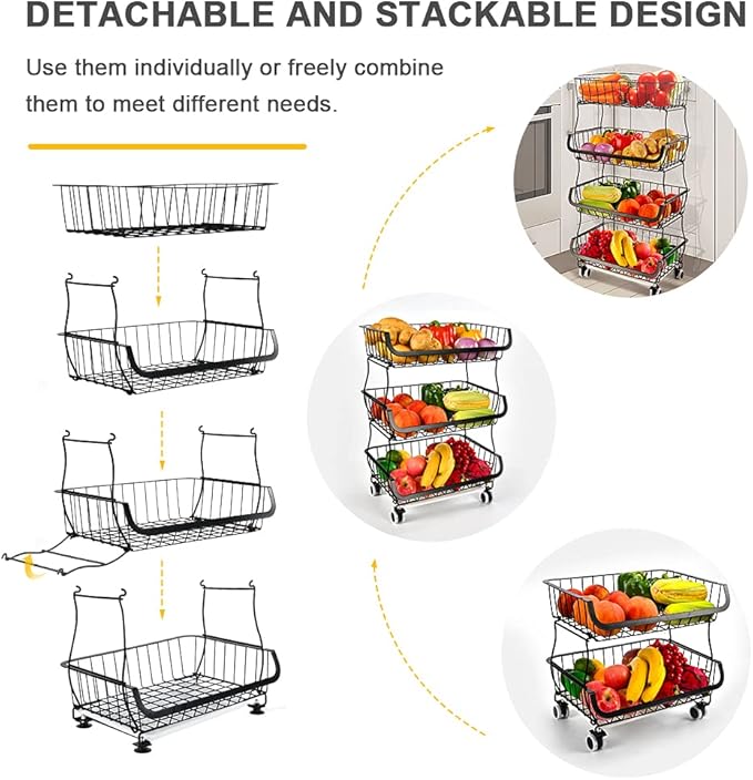 Fruit Vegetable Storage Basket, 4 Tier Stackable Metal Wire Storage Baskets - Image 6