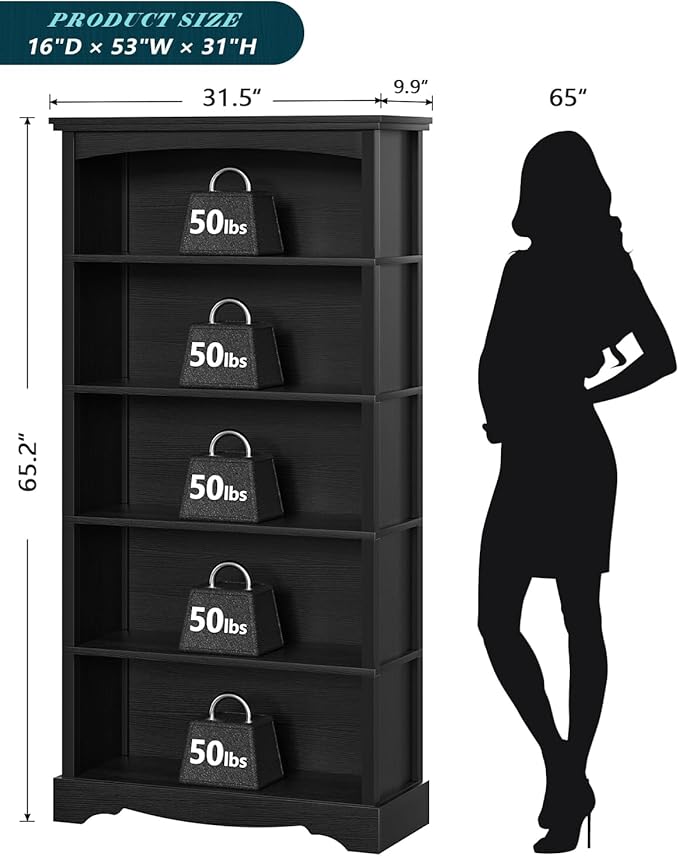 TVU 5-Tier Wooden Bookshelf, 65 Inch Tall Bookshelf - Image 3