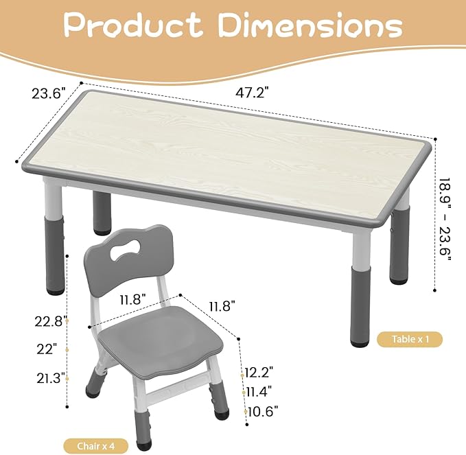 GarveeHome Kids Table and 4 Chairs Set, Height Adjustable Toddler Table and - Image 2