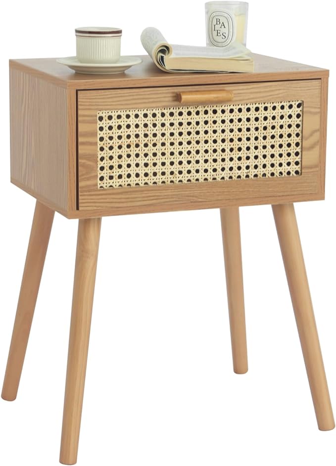 AWASEN Mid Century Nightstand, Rattan Side Table by AWASEN