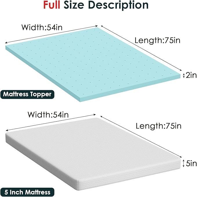 FDW | 5" Full Mattress + 2" Cooling Mattress Topper | Gel Memory Foam | Medium - Image 2