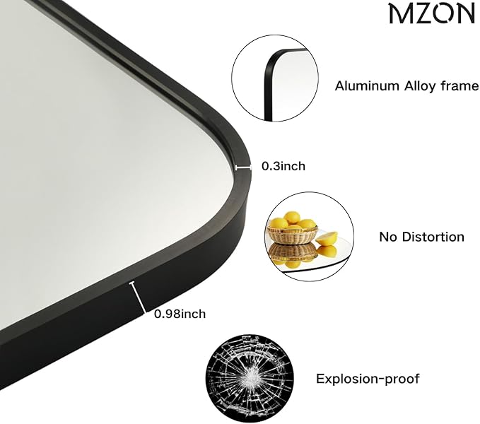 MZON 24x36 Inch Matte Black Bathroom Mirror, Rounded Rectangle Mirror - Image 3