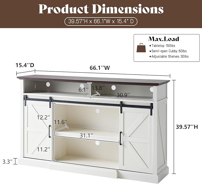 66" Farmhouse TV Stand for 75 Inch TVs, Rustic Media Console Table Storage - Image 2