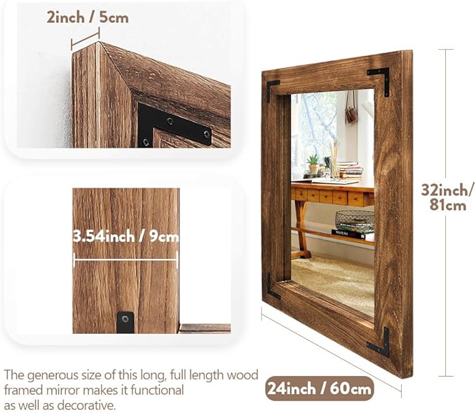 YOSHOOT Rustic Wooden Framed Wall Mirror, Natural Wood Bathroom Vanity Mirror - Image 3