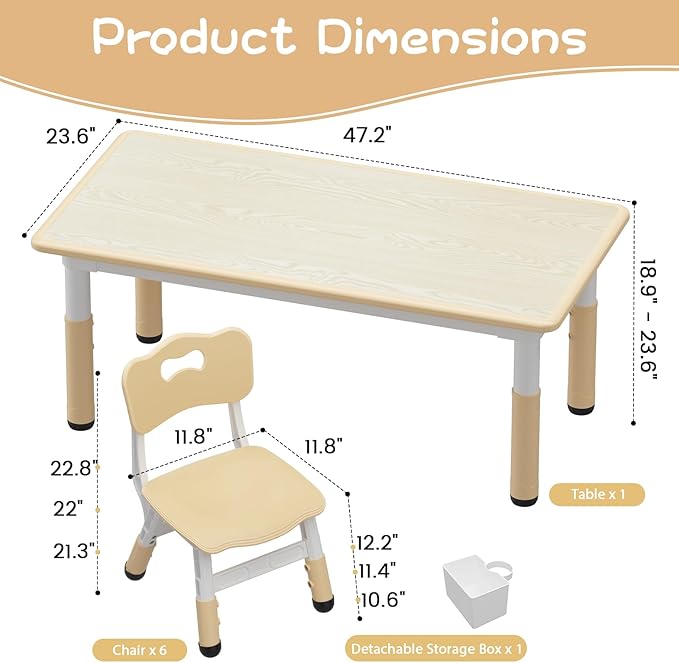 GarveeHome Kids Table and 6 Chairs Set, Height Adjustable Toddler Table and - Image 3