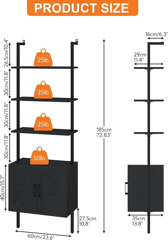 Yusong 73" Tall Bookshelf with Cabinet, Industrial Ladder Wall Mount Shelf - Image 3