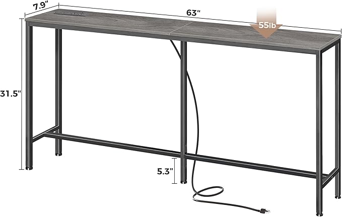 SUPERJARE Console Table with Outlet, 63 Inch Sofa Table with Charging Station - Image 3