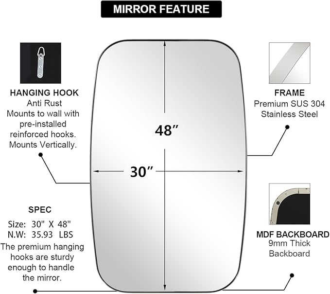 ANDY STAR Chrome Oblong Mirror, 30x48 Inch Polished Chrome Oval Mirror - Image 5