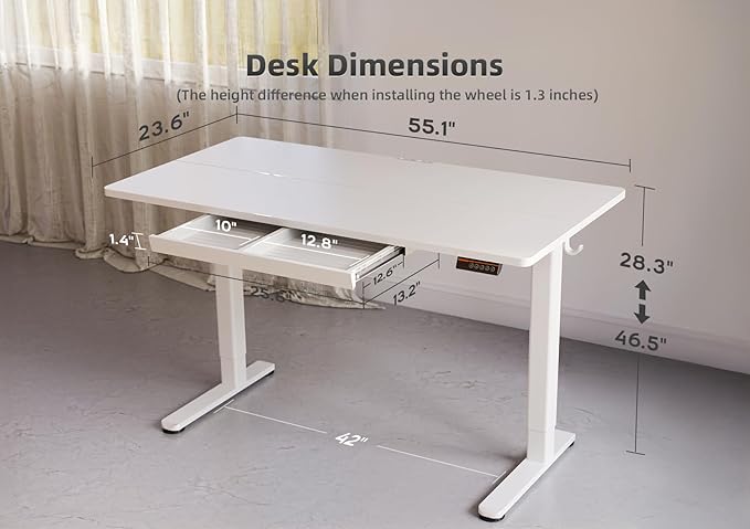 YDN Standing Desk with Drawers, 55 x 24 Inch White Standing Desks Electric - Image 3