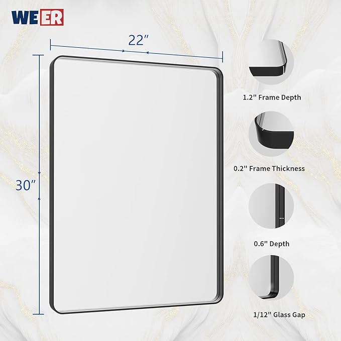 WEER Black Bathroom Mirror 22X30 Inch, Rounded Rectangle Matte Black Bathroom - Image 6