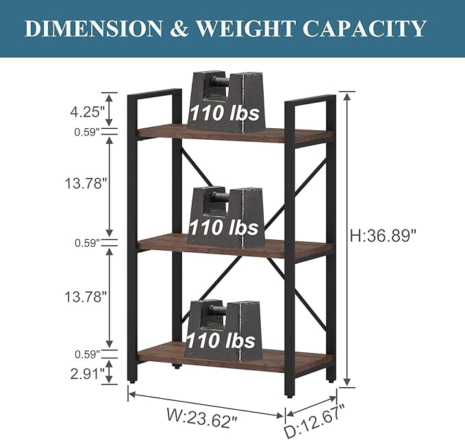 BON AUGURE 3 Tier Industrial Bookshelf, Office Small Open Book Shelf - Image 2
