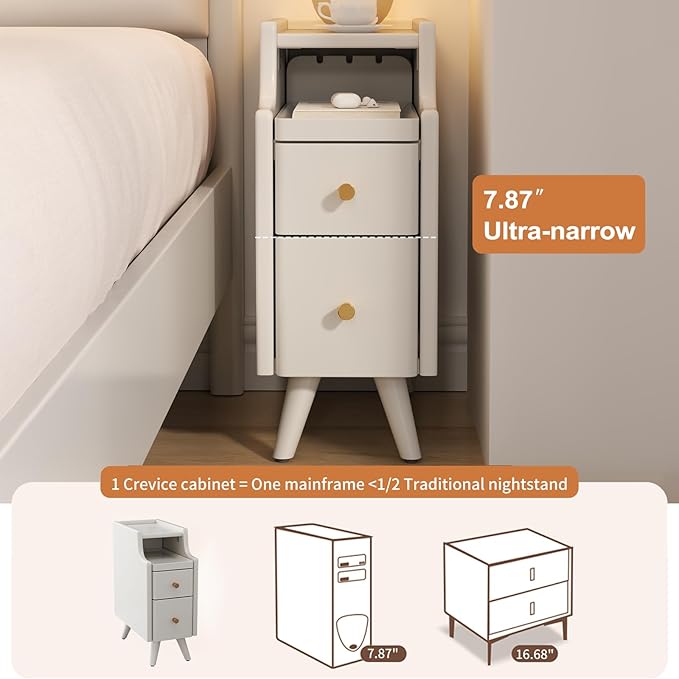 Narrow Nightstand with Drawers, Wood Bedside Table, Small White Nightstand Set - Image 4