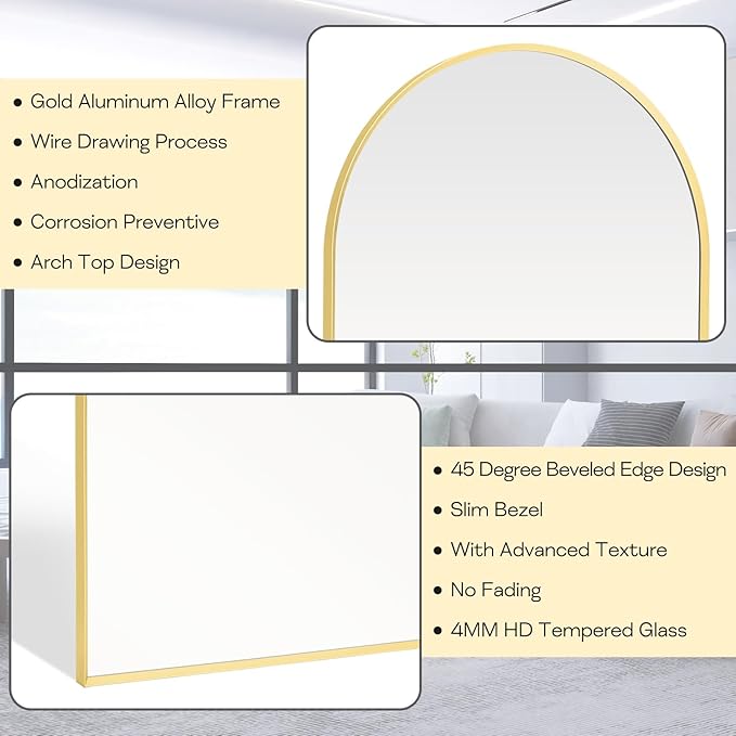 28" x 36" Gold Arched mirror, Large Arch Bathroom Vanity Wall Mirror, Modern - Image 3