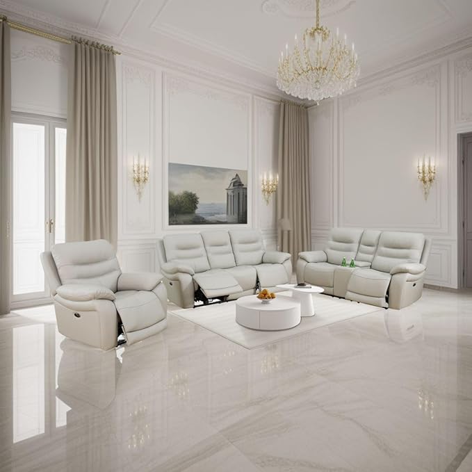 Electric Power Reclining Sofa Set, Genuine Breathing Leather Recliner Couch Set - Image 5