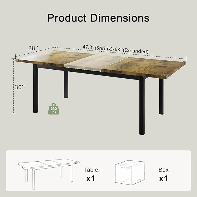 Feonase 63" Extendable Dining Table, Modern Farmhouse Dining Room Table - Image 2
