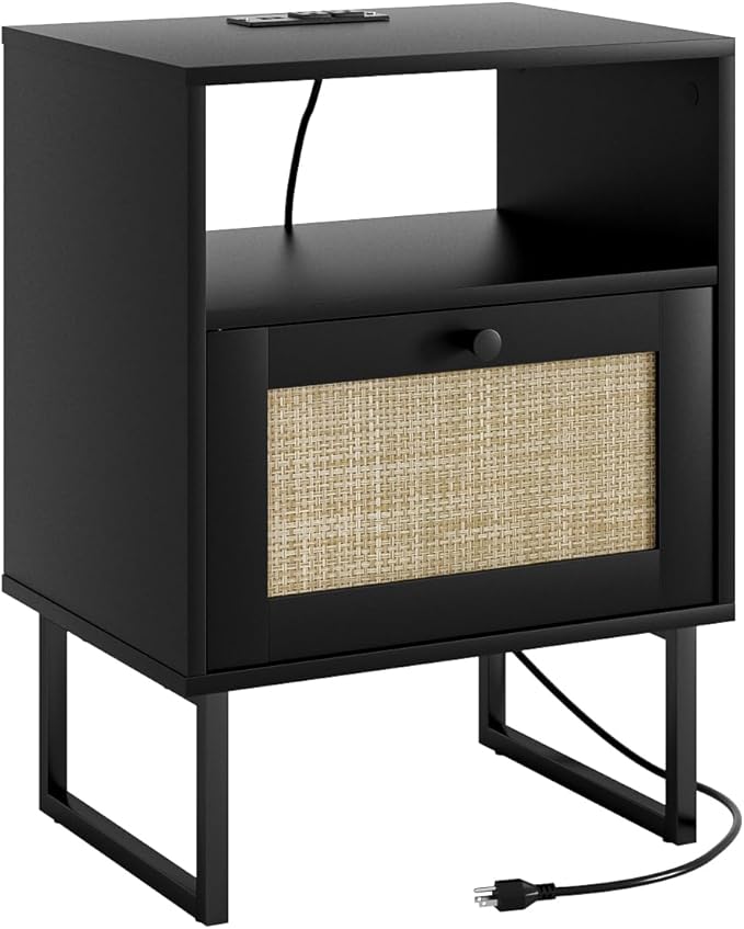 Rattan Nightstand with Charging Station, Mid Century Modern Night Stand - Image 7