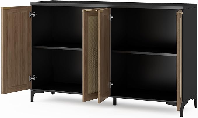 Sideboard Buffet Cabinet with Storage, 4 Doors Rattan Kitchen Cabinet with - Image 4