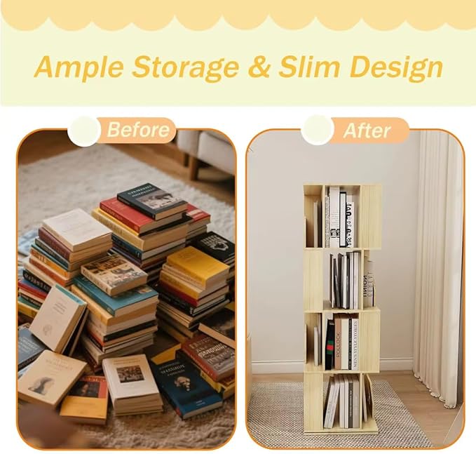 4 Tier Kids Rotating Bookshelf, Premium Pine Wood Space Saving Bookshelf Holds - Image 5