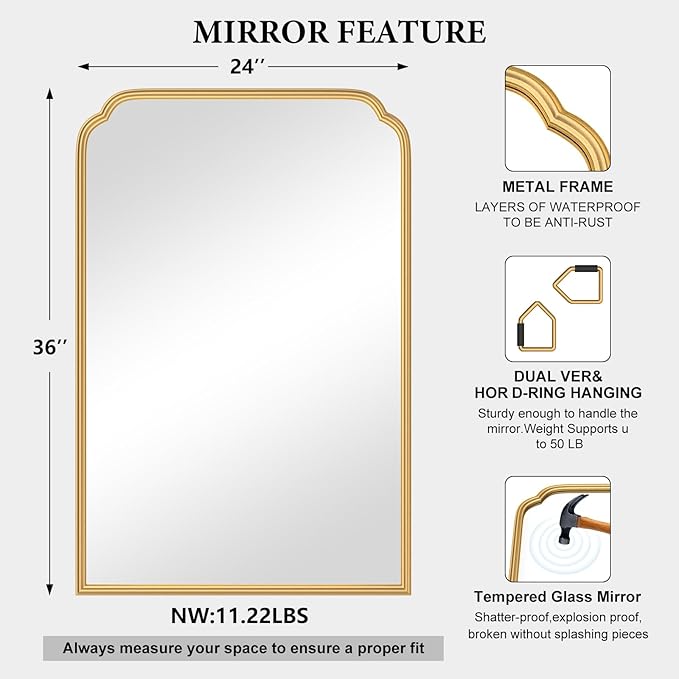 24X36 Inch Gold Mirror for Bathroom, Modern Rounded Corner Rectangle Mirror - Image 5