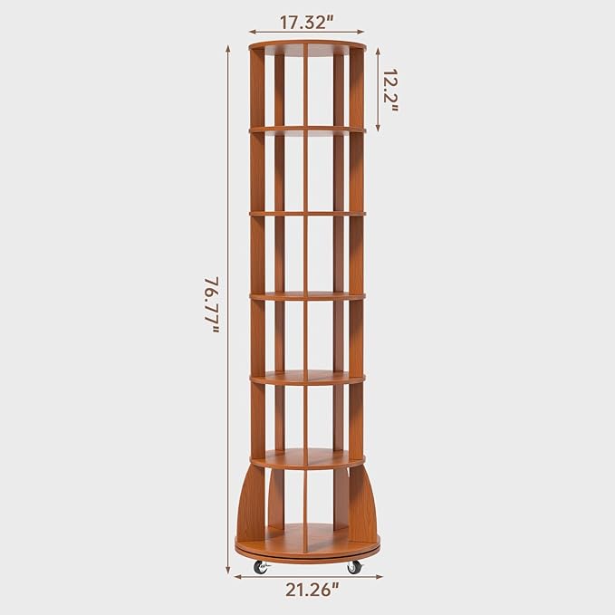 6 Tier Rotating Bookshelf with Locking Casters, 360° Spinning Vertical Bookcase - Image 2