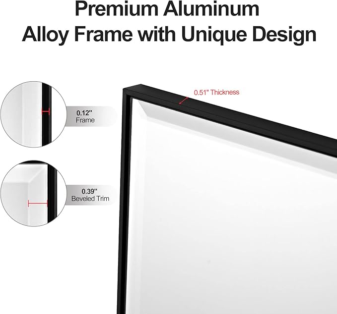 20x40 Inch Black Mirror with Beveled Trim, Aluminum Frame Bathroom Vanity Mirror - Image 4