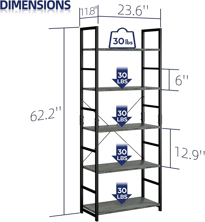 NUMENN 5 Tier Bookshelf, Tall Bookcase Shelf Storage Organizer, Modern Book - Image 3