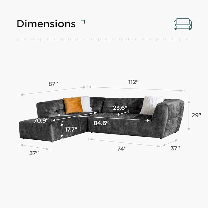Acanva Luxury Mid-Century Velvet Tufted Low Back Sofa Set L-Shape 2-Piece - Image 2