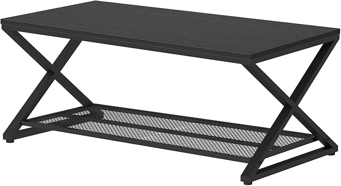 LVB Black Coffee Table, Metal Wood 2 Tier Center Tables - Image 9