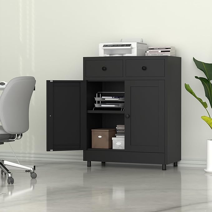 Metal Storage Cabinet with 2 Drawers and Adjustable Shelf, Sideboard Buffet - Image 4