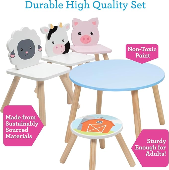 Kids Wooden Animal Table & Chair Set w 4 Seats- Cow Pig Sheep Plus Adult Stool - Image 3