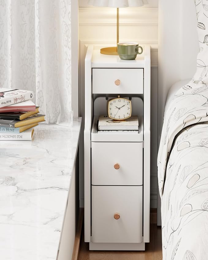 Narrow Nightstand with 3 Drawers, Solid Wood Small Nightstand White, Modern by AQIMUELE-Solidwoodfurniture