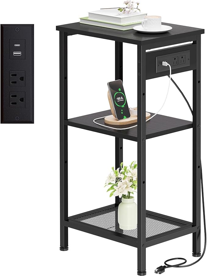 Tall End Table with Fast Charging Station, 3 Tier Narrow Side Table with by Cresohom