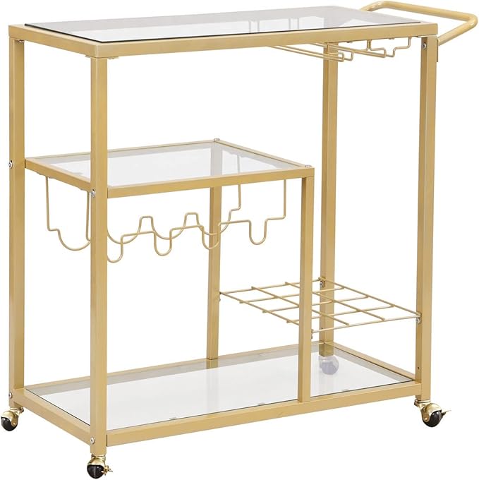 Rolling Bar Carts Gold with Wheels, Home Bar Serving Cart with Glass Wine - Image 6