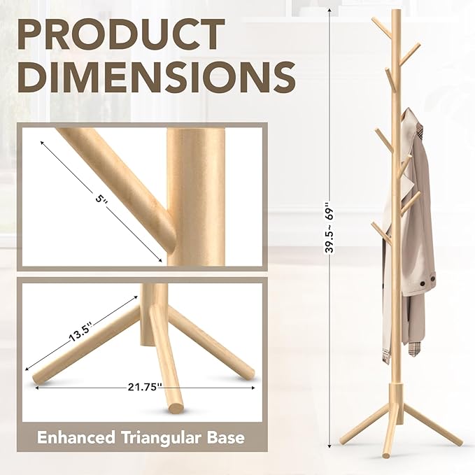 Wooden Tree Coat Rack Stand, Sturdy Freestanding Coat Rack - Image 5