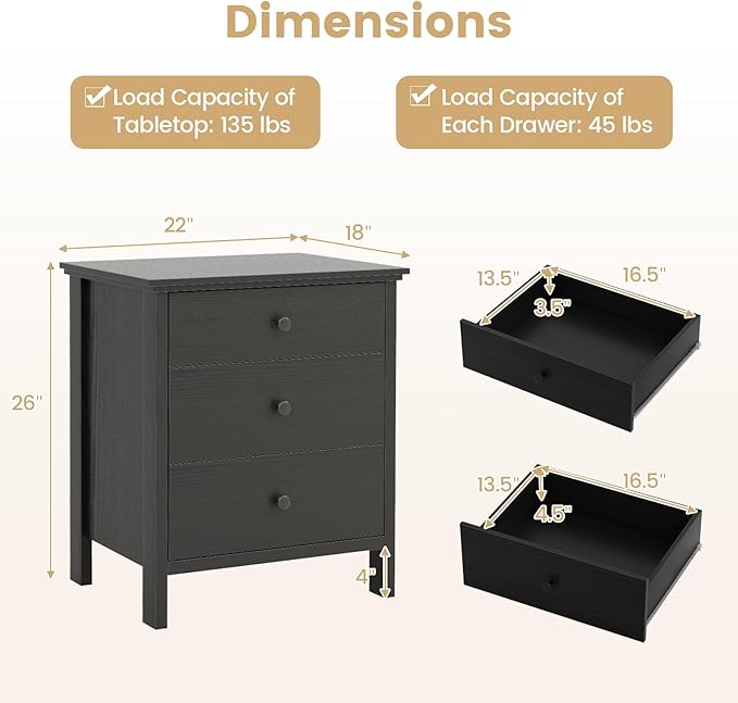 KOMFOTT 3 Drawers Nightstand, Wooden Bedside Table, Modern Sofa Side End Table - Image 3