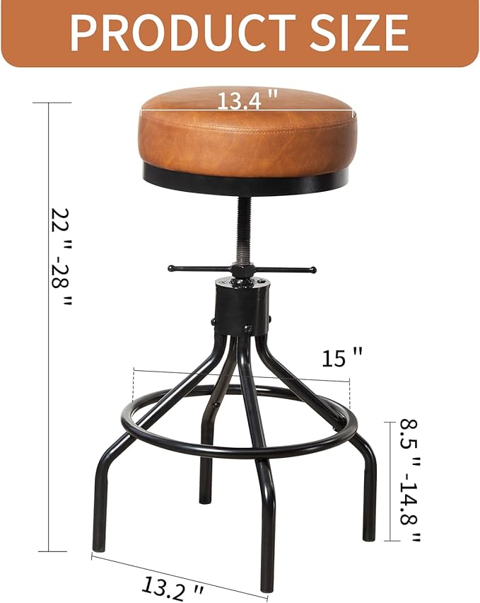 Industrial Bar Stools Set of 2 Adjustable Swivel Round Barstools Modern PU - Image 3