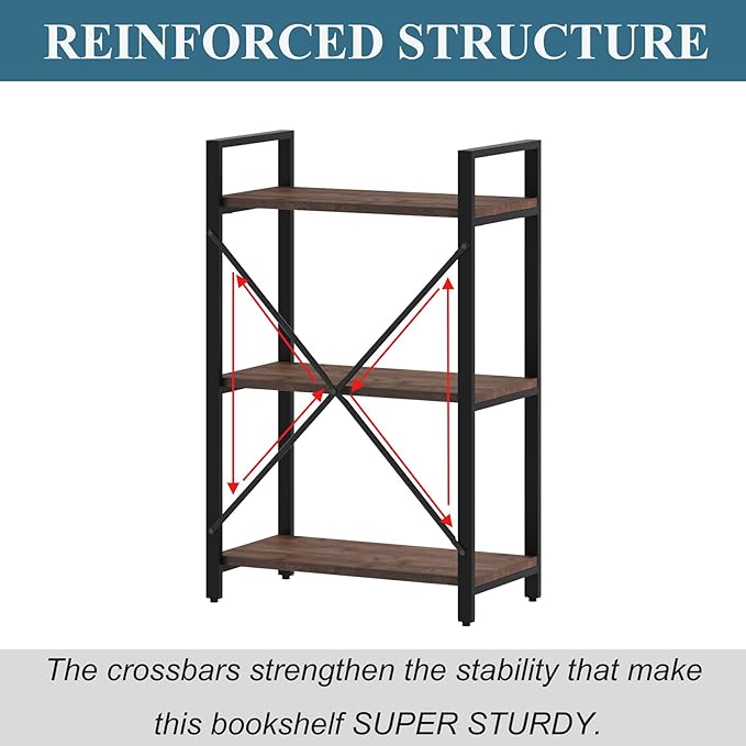 BON AUGURE 3 Tier Industrial Bookshelf, Office Small Open Book Shelf - Image 6