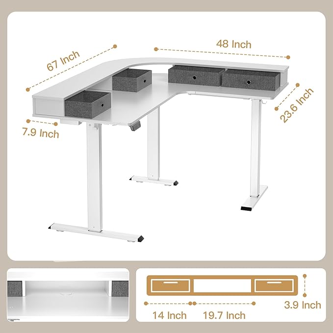 67" L Shaped Standing Desk, Electric Height Adjustable Corner Table - Image 2