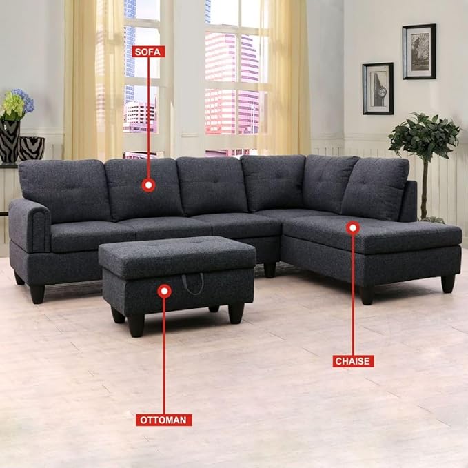 Black Grey L-Shaped 3-Piece Linen Sofa - Image 3