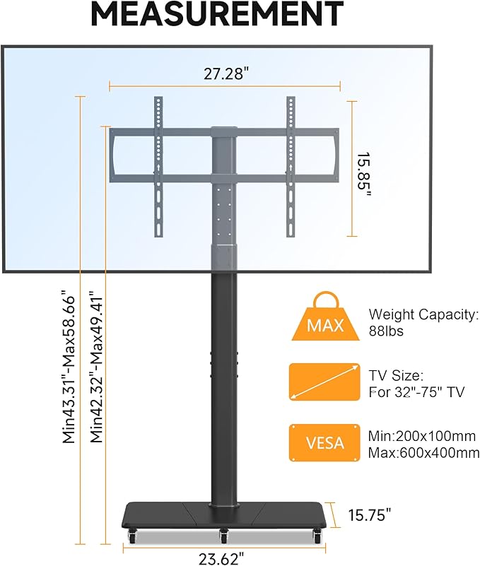 Tall Floor TV Stand for 32-75" TV Portable Rolling TV Cart - Image 3