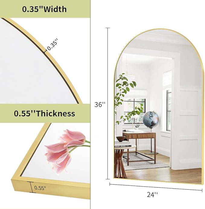 BEAUTYPEAK 24"x36" Arch Bathroom Mirror, Wall Mounted Vanity Metal Frame Mirror - Image 4