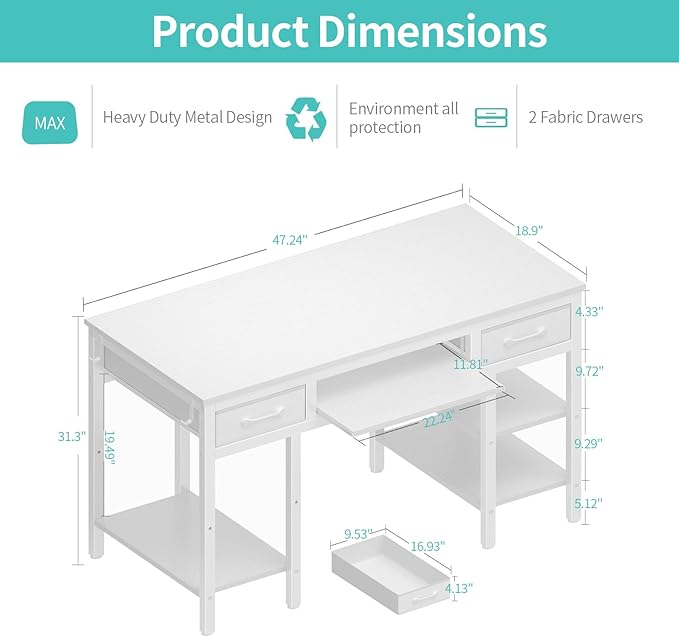 Lufeiya White Desk with Keyboard Tray Slide Out, 47 Inch Home Office Computer - Image 3