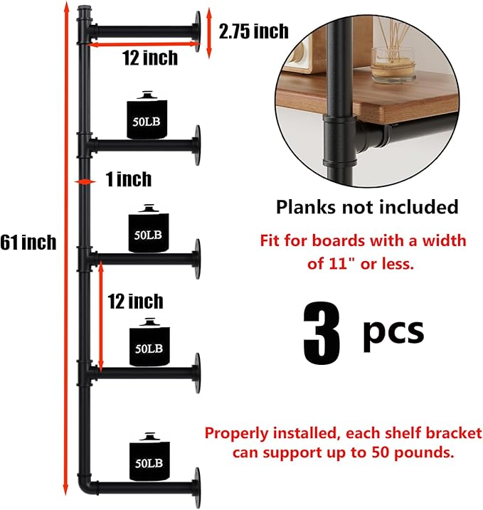 Industrial Pipe Shelf Brackets Wall Mount, Open Black Pipe Shelving - Image 3
