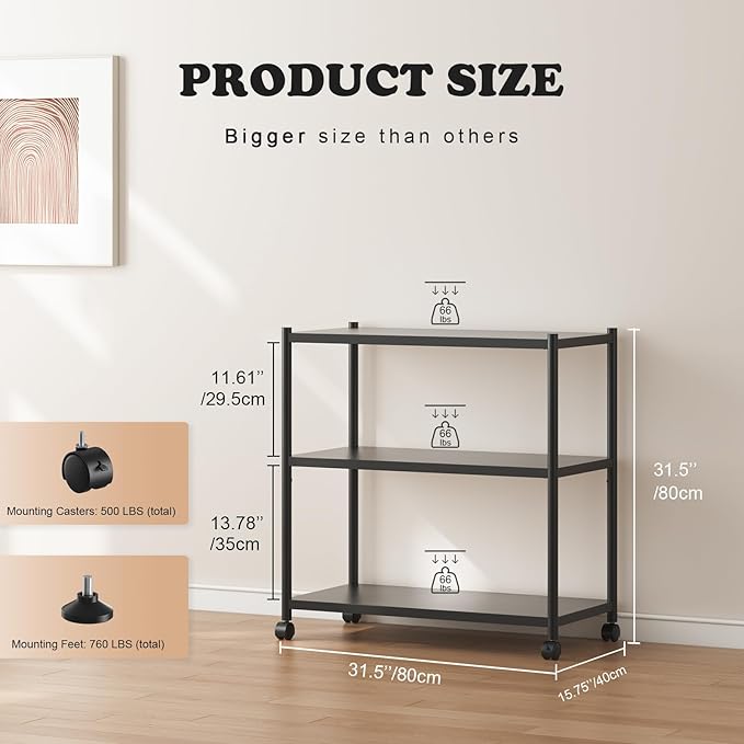 ZZL 3 Tier Small Bookshelf 31.49" Width, Metal Bookcase w/Wheels, Industrial - Image 2