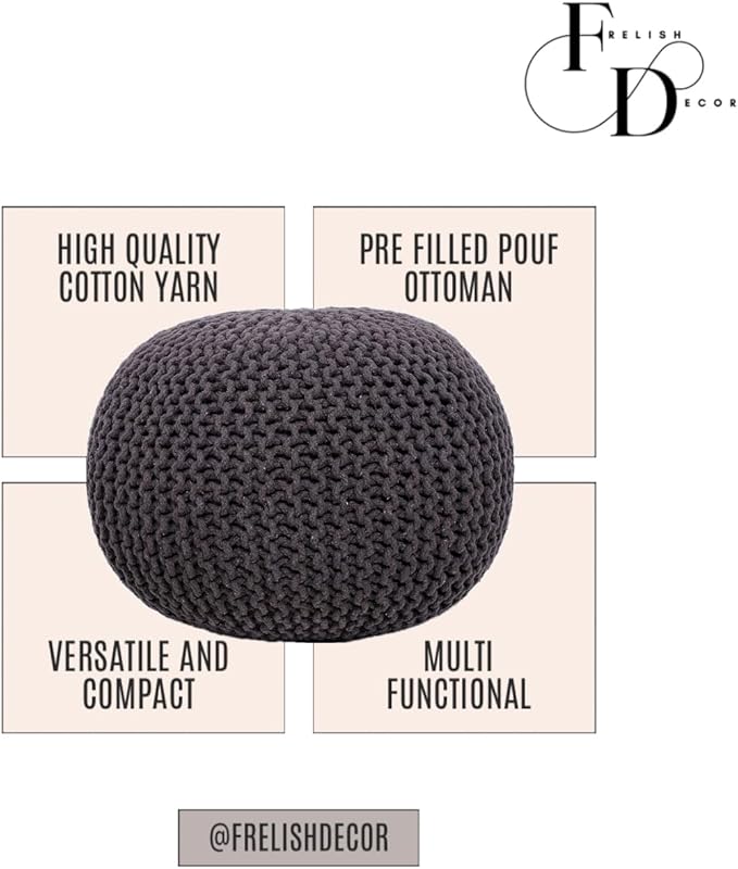 FRELISH DECOR Round Pouf Ottoman Hand Knitted 100% Cotton Pouf Foot Stool - Image 4