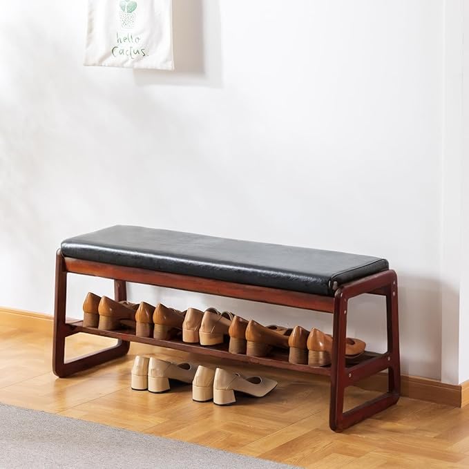 Solid Wood Shoe Bench, 2-Tier Wooden Entryway Bench, Modern Shoe Rack by SOBIBO