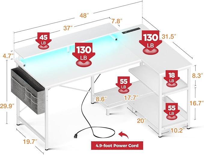 ODK 48 Inch Gaming Desk with USB Charging Ports and LED Lights, Reversible L - Image 3